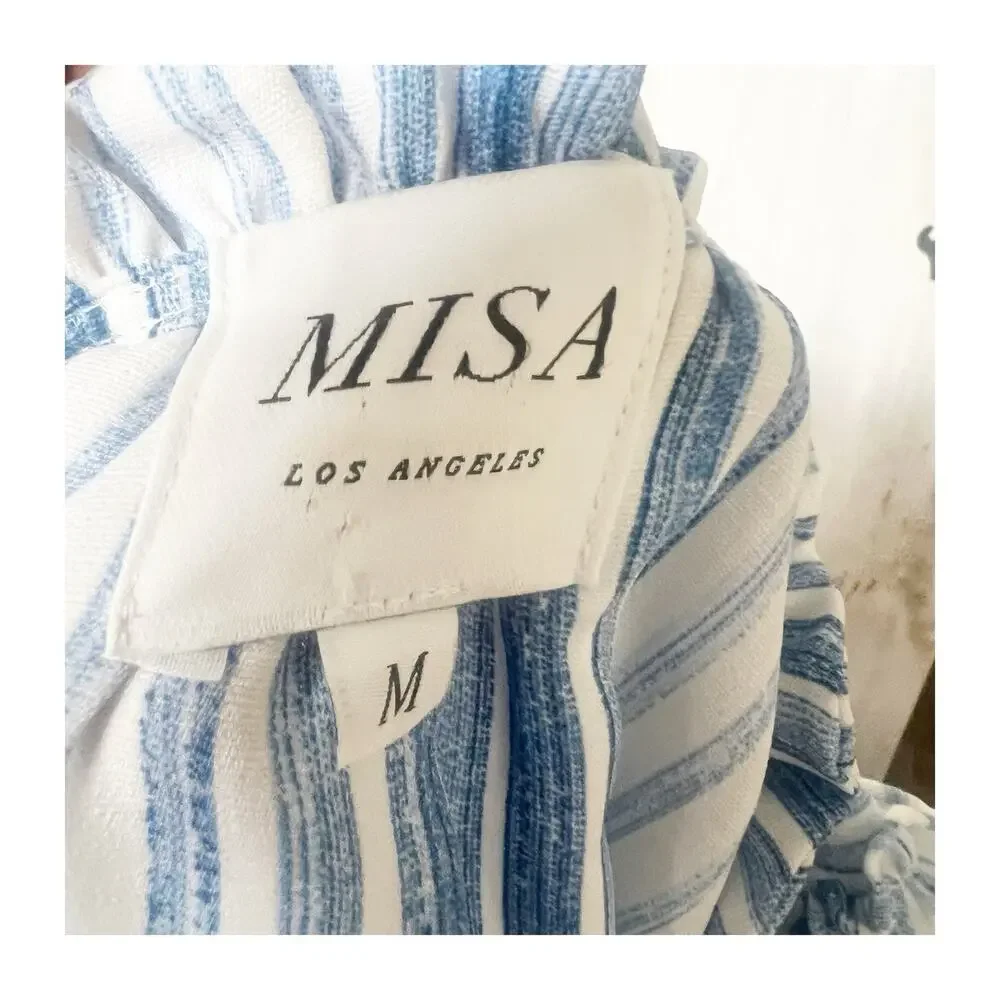 MISA Los Angeles Medium Aleja Stripe Print Linen Midi Dress White Blue Tassel